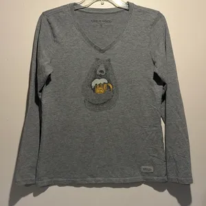 Life is Good- Beer Hug Bear Graphic Grey Long Sleeved Crusher Tee- Size Small thumbnail 1