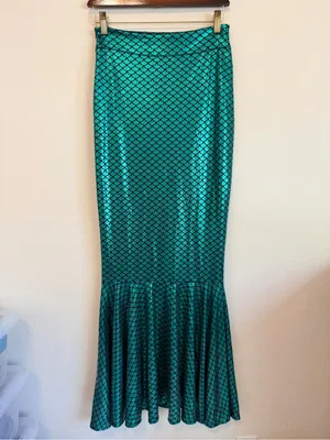 Mermaid Skirt floor length, green metallic fish scales pattern, lined, size S thumbnail 6