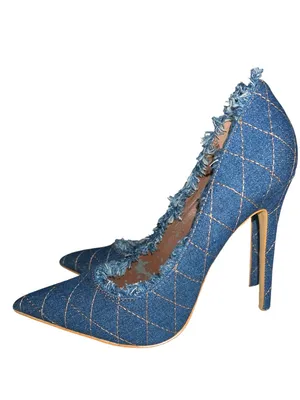 Shoe Republic Blue denim frayed trim high heels . 5” thumbnail 5