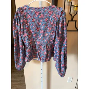Entro Blue Pink Floral Corduroy Peplum Top V-Neck Ruffle Long Sleeve Blouse L thumbnail 6