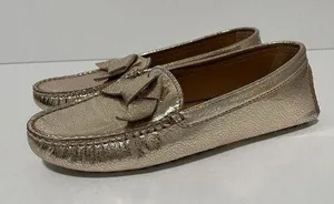 Bobbies Gold Lame Handmade Driving Moccasin Loafers with Bow Size 39 thumbnail 1
