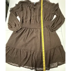 Old Navy Brown Metallic Dot Mini Dress XL Smocked Waist Chiffon Fit Flare 812952 thumbnail 4