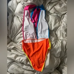 LG neon color block low V neck one piece swimsuit thumbnail 2