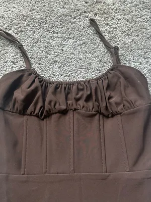 Tic Toc Ruched Bust Brown Mini Dress with Adjustable Straps thumbnail 3