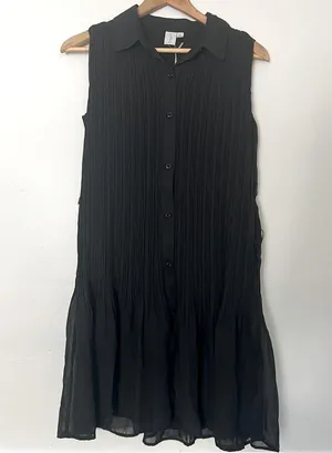 NWT pleated sleeveless shirt dress collared button down black size small thumbnail 2