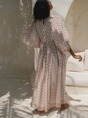 Daughters of India Kyra Coral Floral V-Neck Maxi Dress 3/4 Balloon Sleeve S thumbnail 3