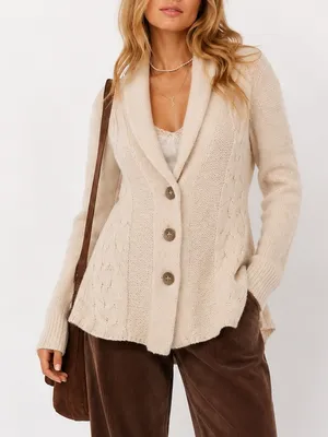 Free People Boho Cream Cable Knit Shawl Cardigan Fringe Wool Blend XS thumbnail 1