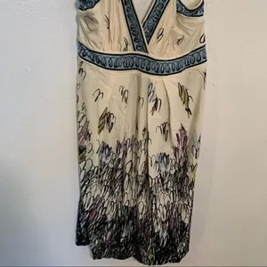 BCBGMAXAZRIA Women's Size XS Halter Sun Dress‎ Cream Blue Floral Surplice Neck thumbnail 5