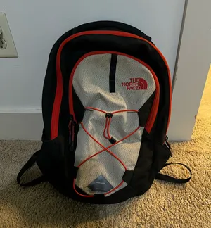 Grey, Black, and Coral North Face Backpack thumbnail 1