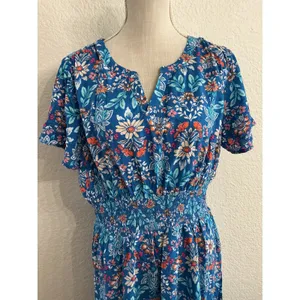 Croft & Barrow Floral Dress Medium‎ Blue Smocked Waist Tiered Ruffle Hem Rayon thumbnail 4