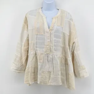 Anthropologie Maeve The Zoe Patchwork Swing Blouse S Cream Linen Cotton Henley thumbnail 2