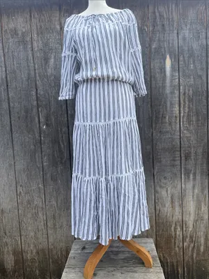 Lauren Ralph Lauren White Maxi Dress Black Stripes Ruffled Tiered Hem Sz 14 thumbnail 2