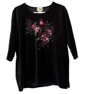 Morning Sun‎ Velour Sweater Size XL Floral Birds 3/4 Sleeve USA Made Vintage thumbnail 1
