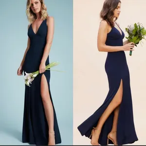 NWOT Dress the Population Iris Slit Crepe midnight blue navy Gown sz S thumbnail 2