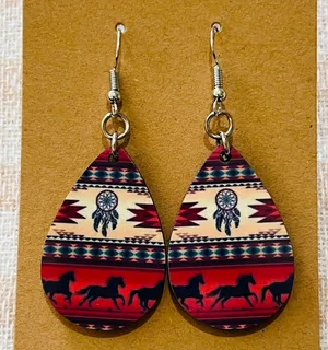 Handmade Southwestern, Horse, Dream Catcher, Teardrop Dangle Pierced Earrings thumbnail 1