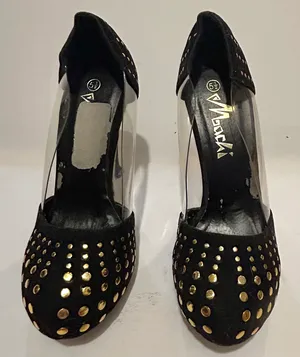 Mochi Faux Suede Elegant Studded Transparent Sides Black and Gold Heels thumbnail 2