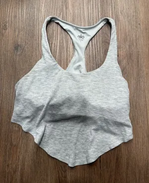 Alo Yoga Womens Ribbed Racerback Handkerchief Hem Tank Top Heather Gray S thumbnail 1