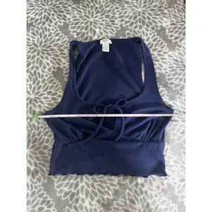 Forever 21 Y2K Ribbed Knit Crop Top Small Lettuce Hem Navy Blue Soft Girl Indie Festival thumbnail 5