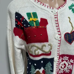 Crystal Kobe Ugly Christmas Sweater Cardigan Presents Sleigh Snowflake Noel thumbnail 4