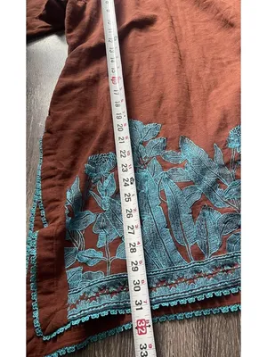 Vintage Mexican American long-sleeved Cotton tunic teal embroidered Brown floral thumbnail 3