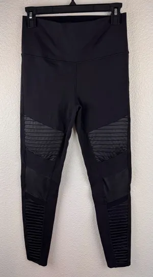 Alo Moto Leggings Women S Black Stretch Moto Ribbed Panels Athleisure Minimalist thumbnail 1