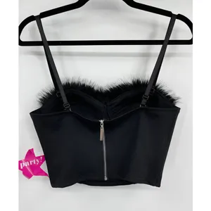 Say What Black Faux Fur Feathers Trim Bustier Crop Top Corset Padded Large NEW thumbnail 9