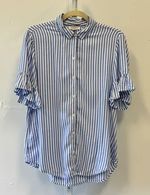 Beachlunchlounge Blue White Striped Ruffle Sleeve Button Down Shirt Womens Med thumbnail 1