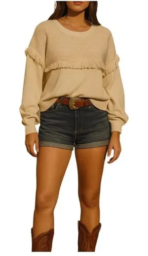 Grace+Karma size L loose fit fringe tan sweater thumbnail 1