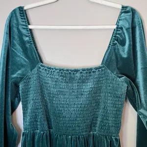 Gap Smocked Velvet Long Sleeve Square Neck Mini Party Dress Pine Green thumbnail 4