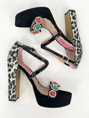 Betsey Johnson Sainte Black Silver Leopard Rhinestone Platform 5” High Heels 7.5 thumbnail 3
