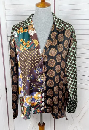 Urban‎ Outfitters Retro Multi Print Patchwork Satin Oversized Shirt Small thumbnail 1