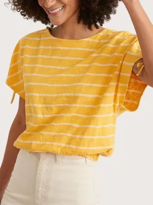 Marine Layer Womens Yellow White Striped Cotton Cinched Sleeve Blouse Top M thumbnail 1