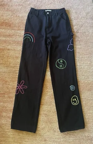 PacSun 90s BF Women’s Carpenter Pants Black Psychedelic Embroidered Y2K Size 26 thumbnail 1