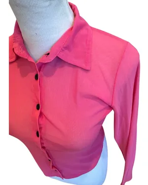 Motel Rocks Cropped Mesh Button Up Shirt Collar Hot Pink Sheer S thumbnail 4