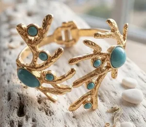 $58 Sundance Coral-Inspired Turquoise Gold Cuff Bracelet | NWOT | Coastal Boho thumbnail 1