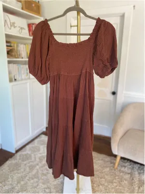 100% Cotton Smocked Midi Dress Cottagecore Prairie Boho Romantic Chocolate Brown thumbnail 3