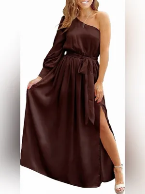 $60 NWOT KIRUNDO Women's Satin Long Sleeve One Shoulder Maxi Dress M thumbnail 5
