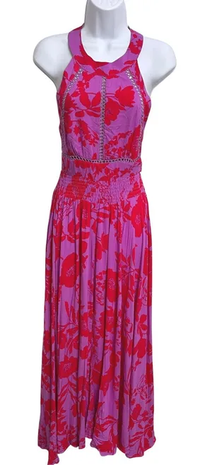 Abel the Label Pink Purple Floral Open Back Maxi Dress M Resort Boho Tropical thumbnail 1