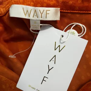 NWT WAYF Polka Dot Jacquard Mini Shift Dress Orange Boho Satin Split Cuff Size S thumbnail 6