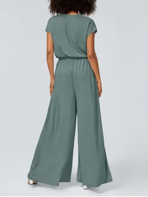 NWOT Halara Blue V Neck Short Sleeve Wide Leg Flowy Waffle Casual Jumpsuit thumbnail 2