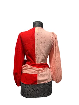 Anthropologie Farm Rio Wrap Blouse Swiss Dot, XS Pink red long sleeves thumbnail 3
