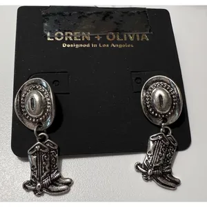 Loren + Olivia Silver Cowboy Hat Boot‎ Western Dangle Earrings Cowgirl New thumbnail 2