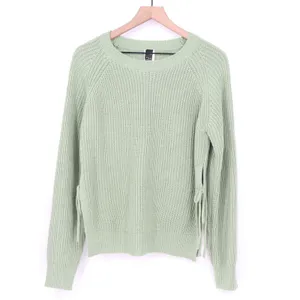 SHEIN Mint Green Shaker Knit Side Tie Lace Up Sweater Large Crew Neck Pullover thumbnail 2