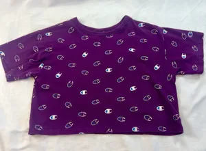 Champion T-Shirt Women's Large Short‎ Sleeve Crop Top Purple All Over Logo Print thumbnail 1