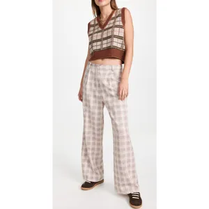 Lioness Mulholland Plaid Wide Leg Pants Beige High Rise Trouser XS thumbnail 3