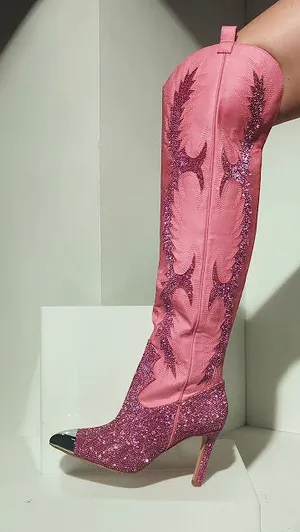 NWT Gianni Bini KatyannaTwo Over-the-Knee Rhinestone Embellished Western Boots in pop pink. Size 8.5 thumbnail 1