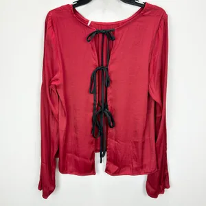 Free People Arabella Blouse Rubies Red Satin Long Sleeve Bow Back Medium NWT thumbnail 3