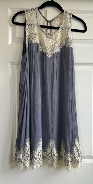 Umgee Boho Sleeveless Dress/Tunic, Lace Detail, Blue/Gray thumbnail 1