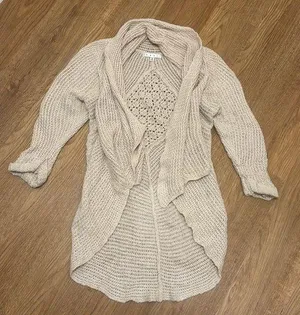 cAbi Tan Teachers Pet Open Knit Cardigan Sweater Asymmetrical Hem thumbnail 1