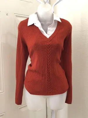 East 5th Y2K Preppy Office siren core Brown & white collared sweater shirt top blouse Long sleeve #minimalist dark academia thumbnail 1